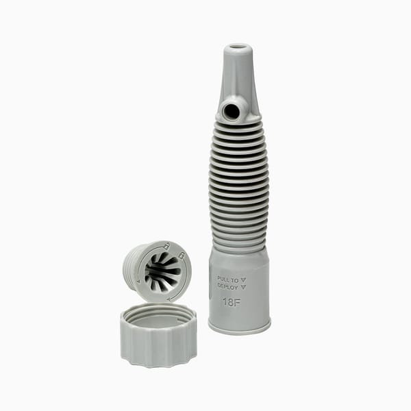 Gray threaded medical device featuring a locking thread, injection molded by Xcentric